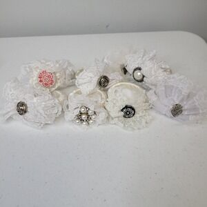 8pc Vintage White Lace Napkin Rings Shabby Chic Faux Pearl Floral Butterfly
